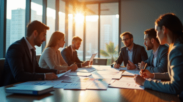 Réunion d'affaires avec graphiques financiers et équipe diverse