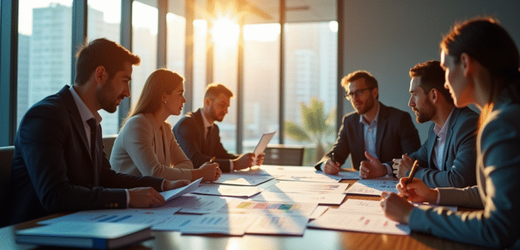 Réunion d'affaires avec graphiques financiers et équipe diverse