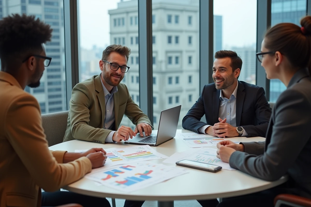 Équipe de professionnels en réunion de stratégie de domaines avec documents et outils d'analyse concurrentielle