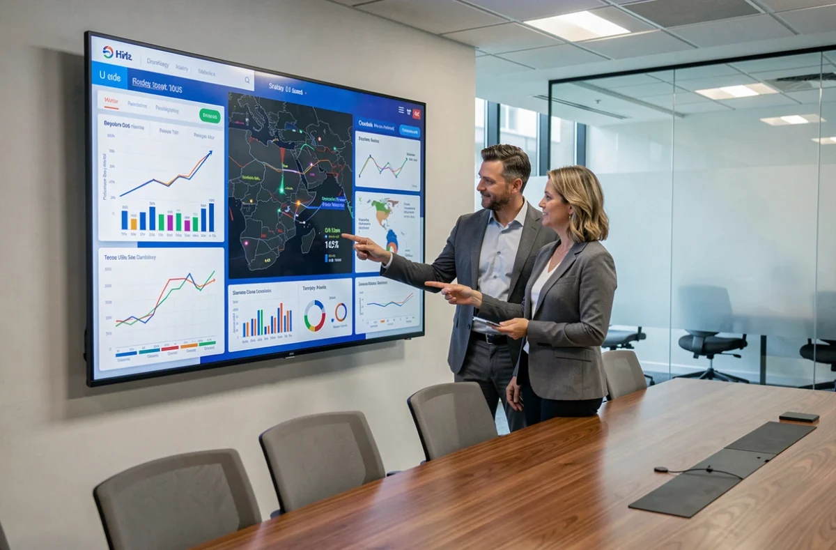 Deux professionnels discutant de tableaux de bord d'indicateurs territoriaux économiques lors d'une réunion stratégique
