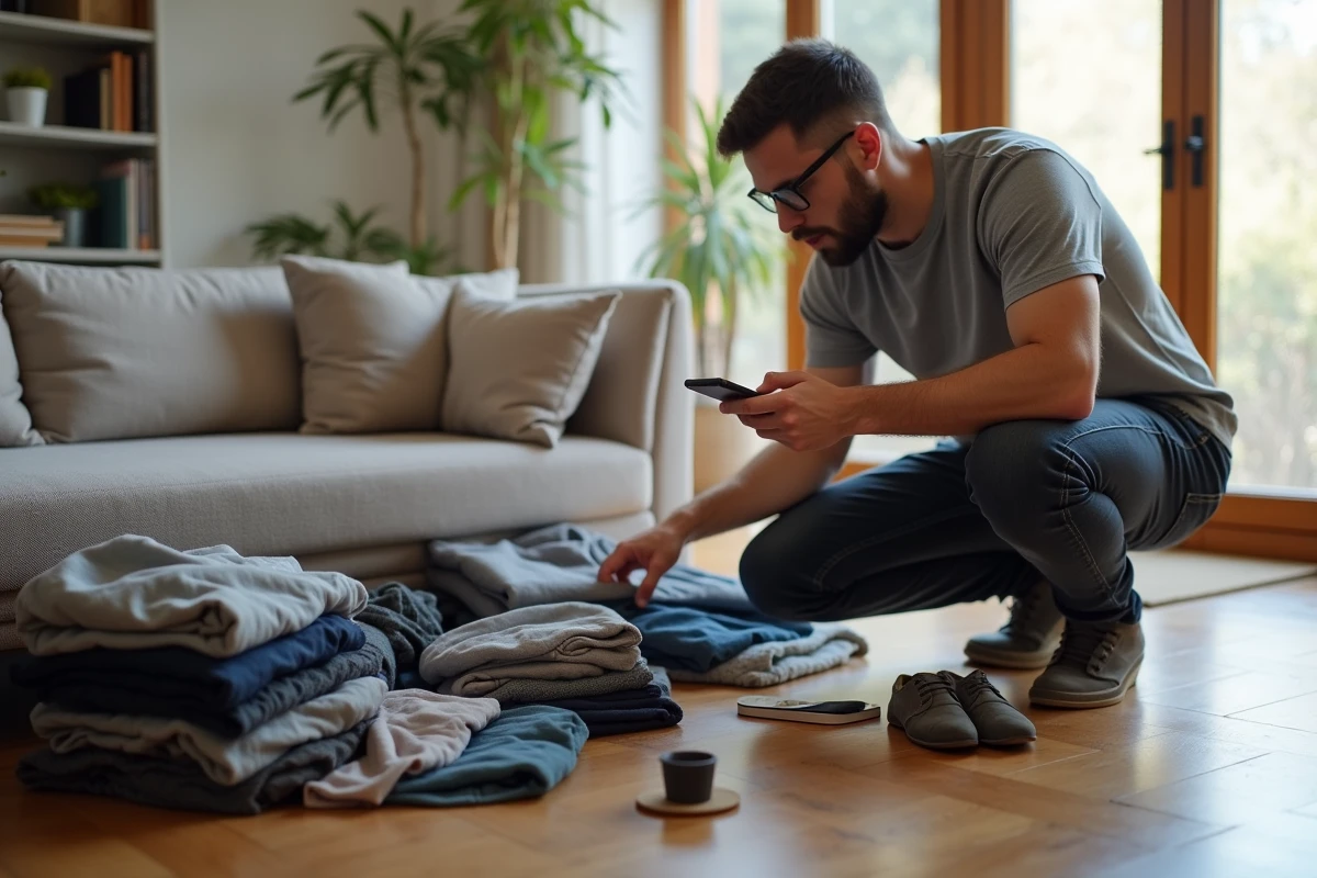 Homme photographiant des vêtements et objets inutilisés pour les revendre sur une plateforme en ligne