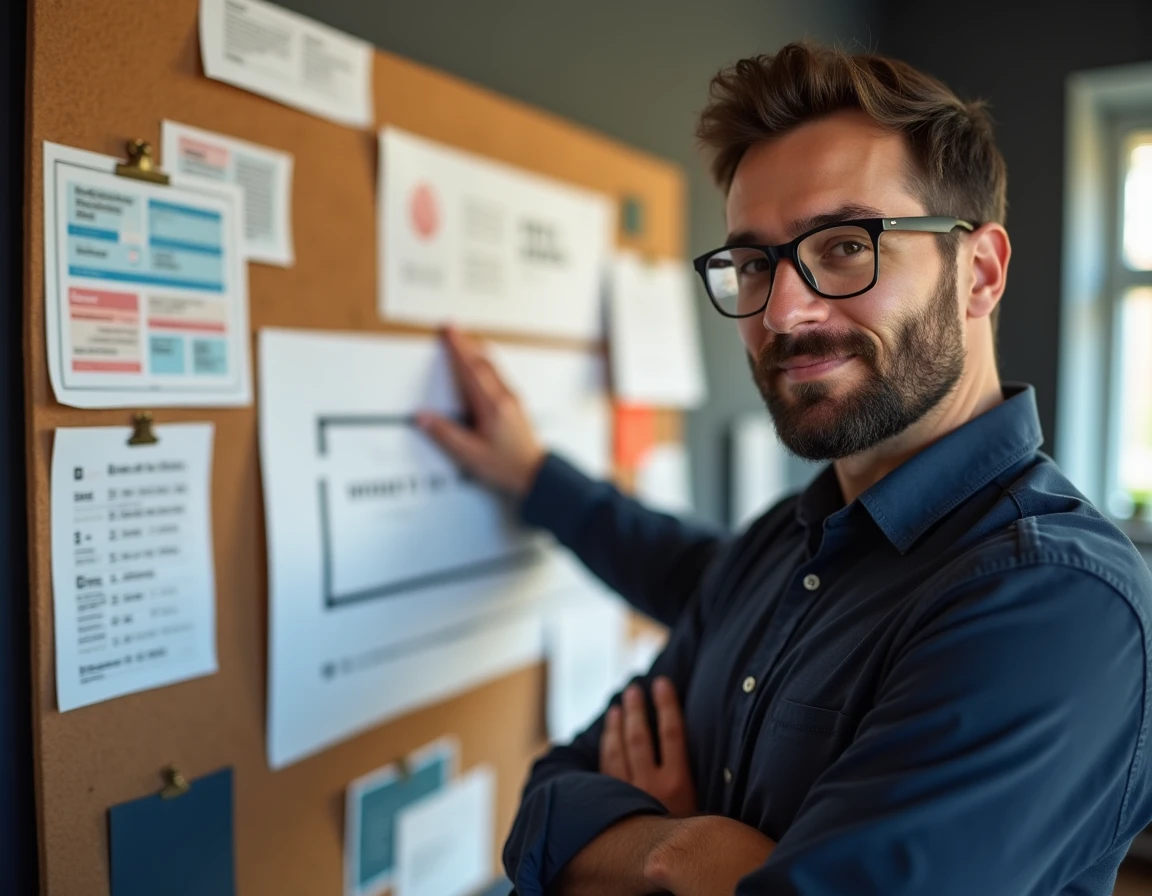 Directeur créatif de l'agence RG Design à Marseille présentant une stratégie digitale devant un mur de références visuelles