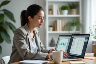Femme salarié auto-entrepreneur travaillant sur deux ordinateurs dans un bureau à domicile moderne