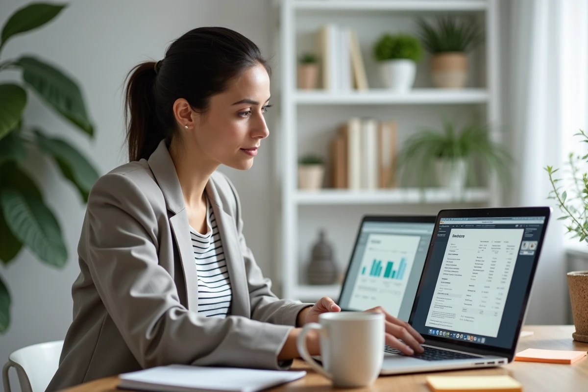 Femme salarié auto-entrepreneur travaillant sur deux ordinateurs dans un bureau à domicile moderne
