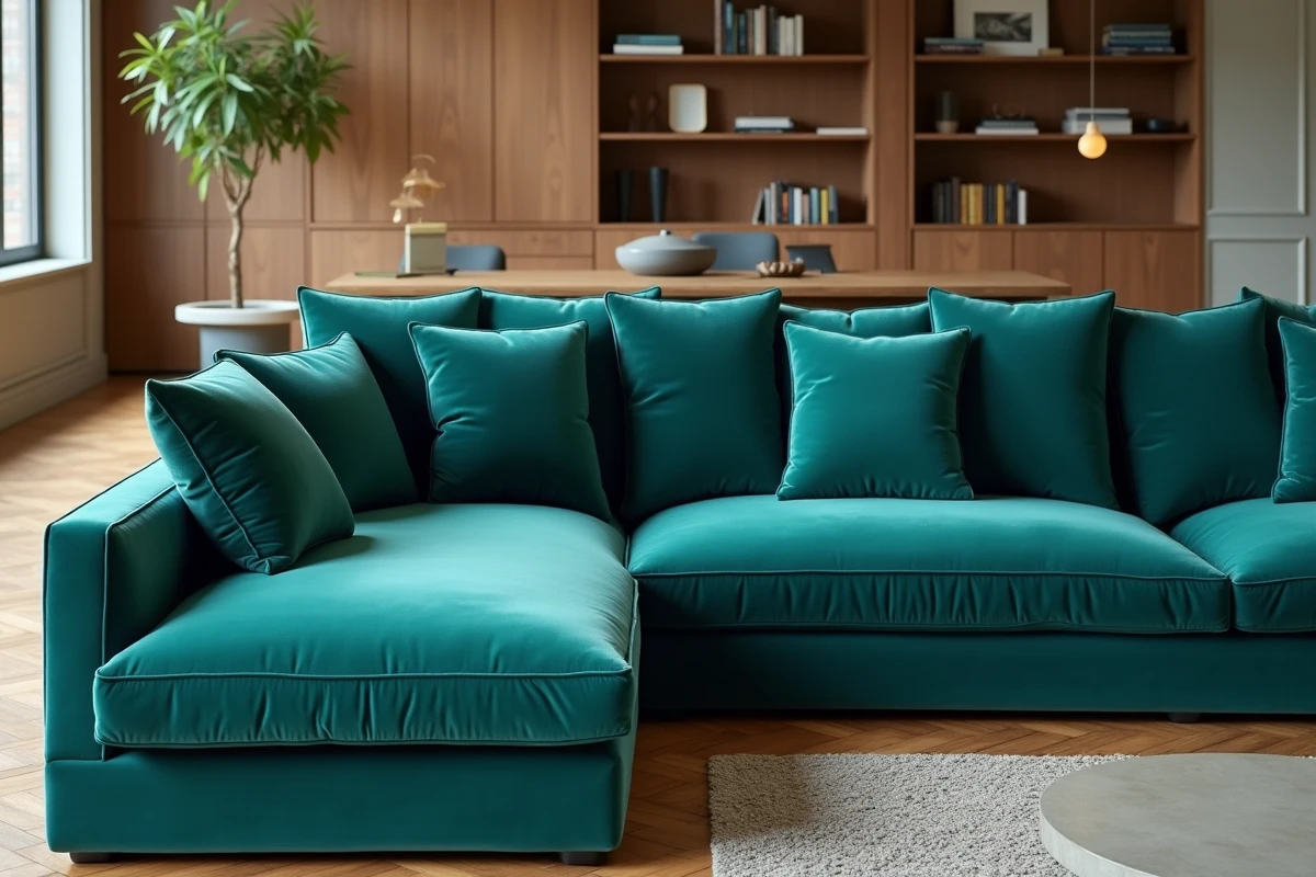 Vue large d'un salon moderne avec un canapé modulable en velours bleu sarcelle, mettant en valeur la densité homogène et la qualité des tissus SOFFRAN