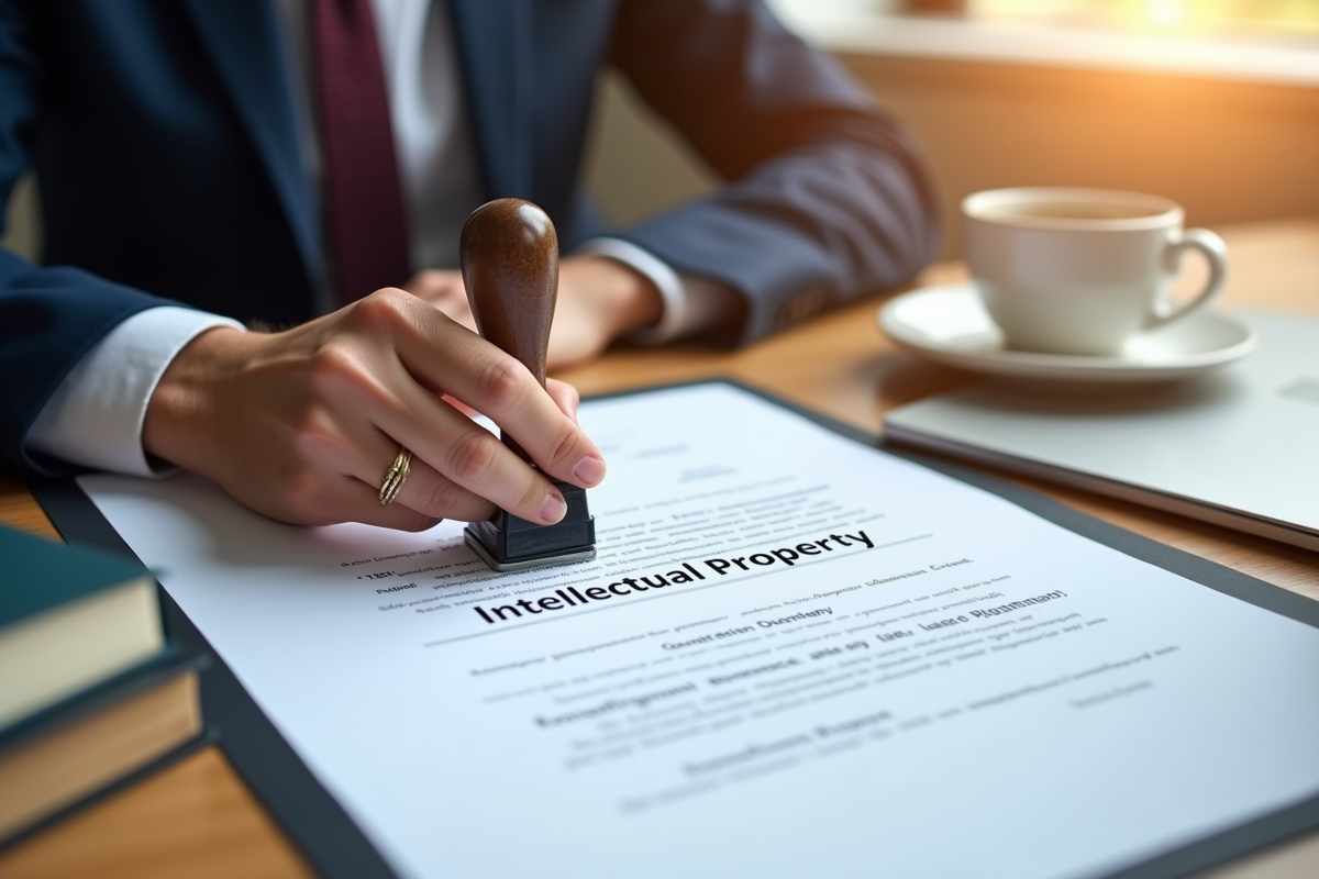 Main apposant un sceau sur un document de propriété intellectuelle