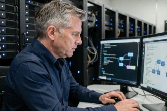 Ingénieur en sécurité informatique analysant des processus critiques sur des écrans dans une salle de serveurs