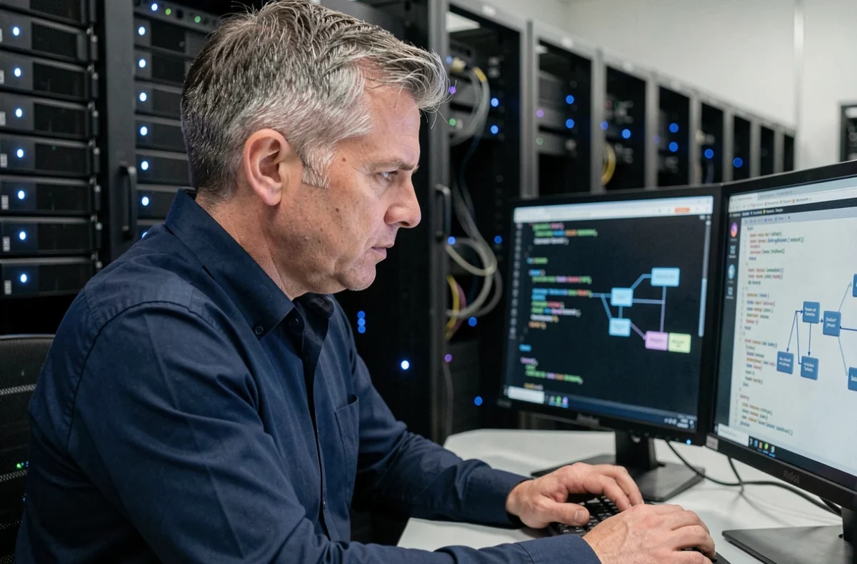 Ingénieur en sécurité informatique analysant des processus critiques sur des écrans dans une salle de serveurs