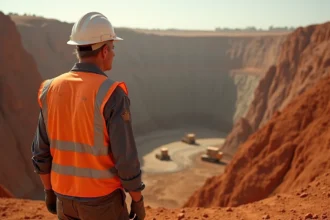 Mineur australien en équipement de sécurité devant une mine à ciel ouvert dans l'Outback