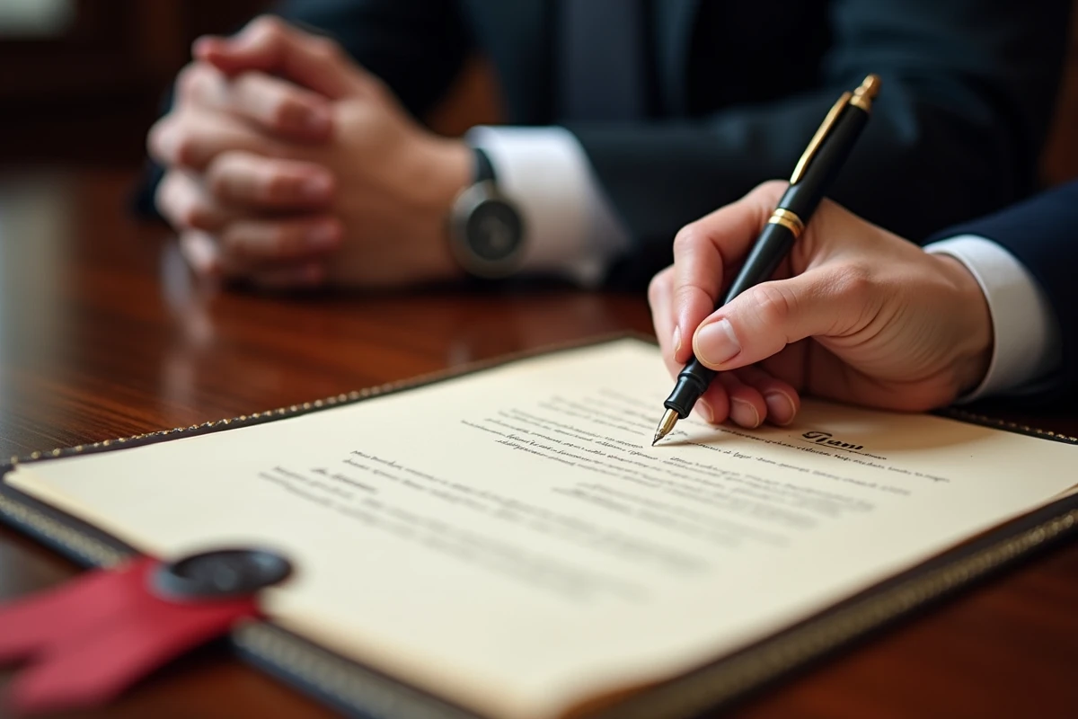 Gros plan sur la signature d'un acte notarié avec un stylo plume et le cachet officiel du notaire sur un bureau en bois