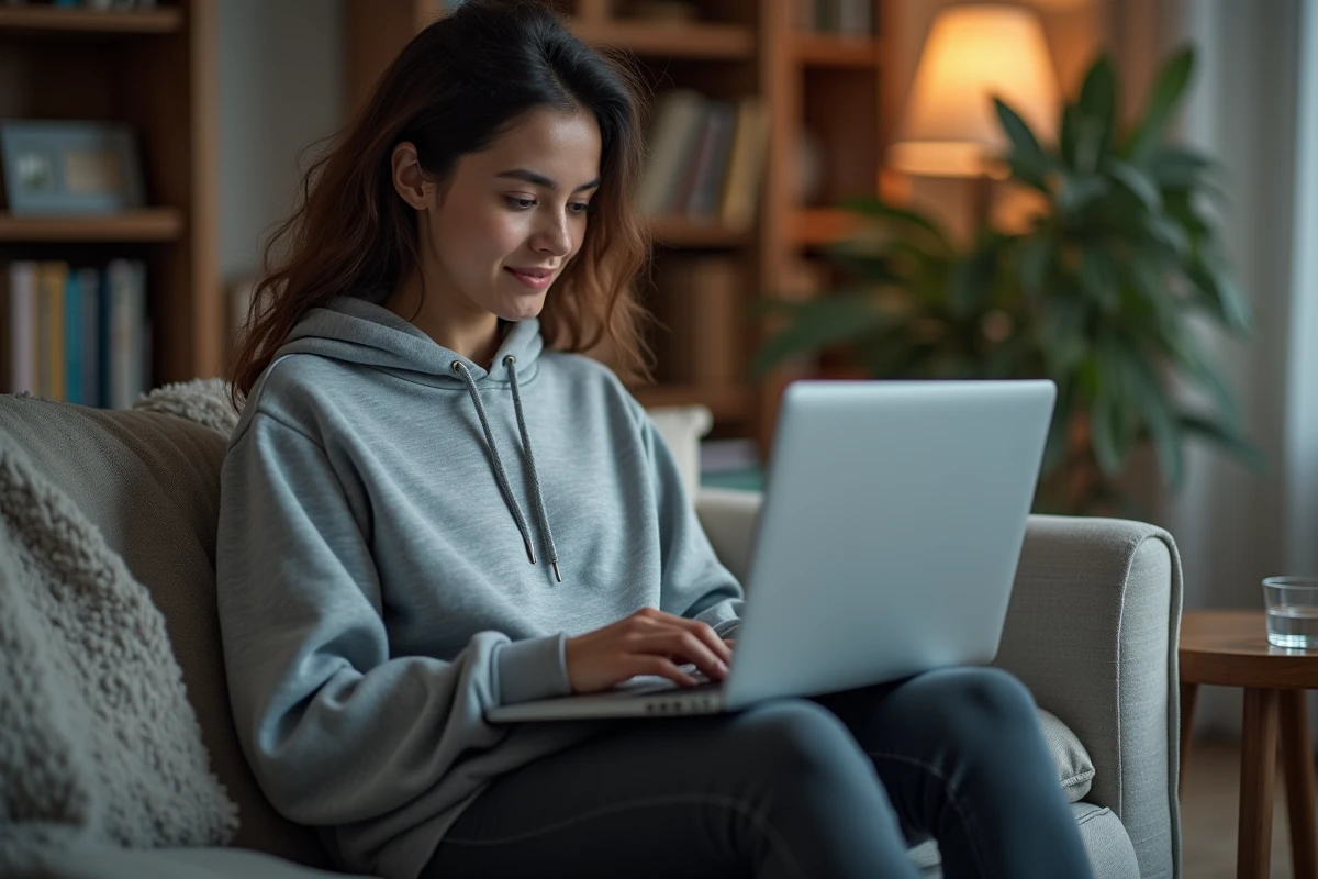 Jeune femme remplissant des sondages rémunérés en ligne sur son ordinateur portable depuis son canapé