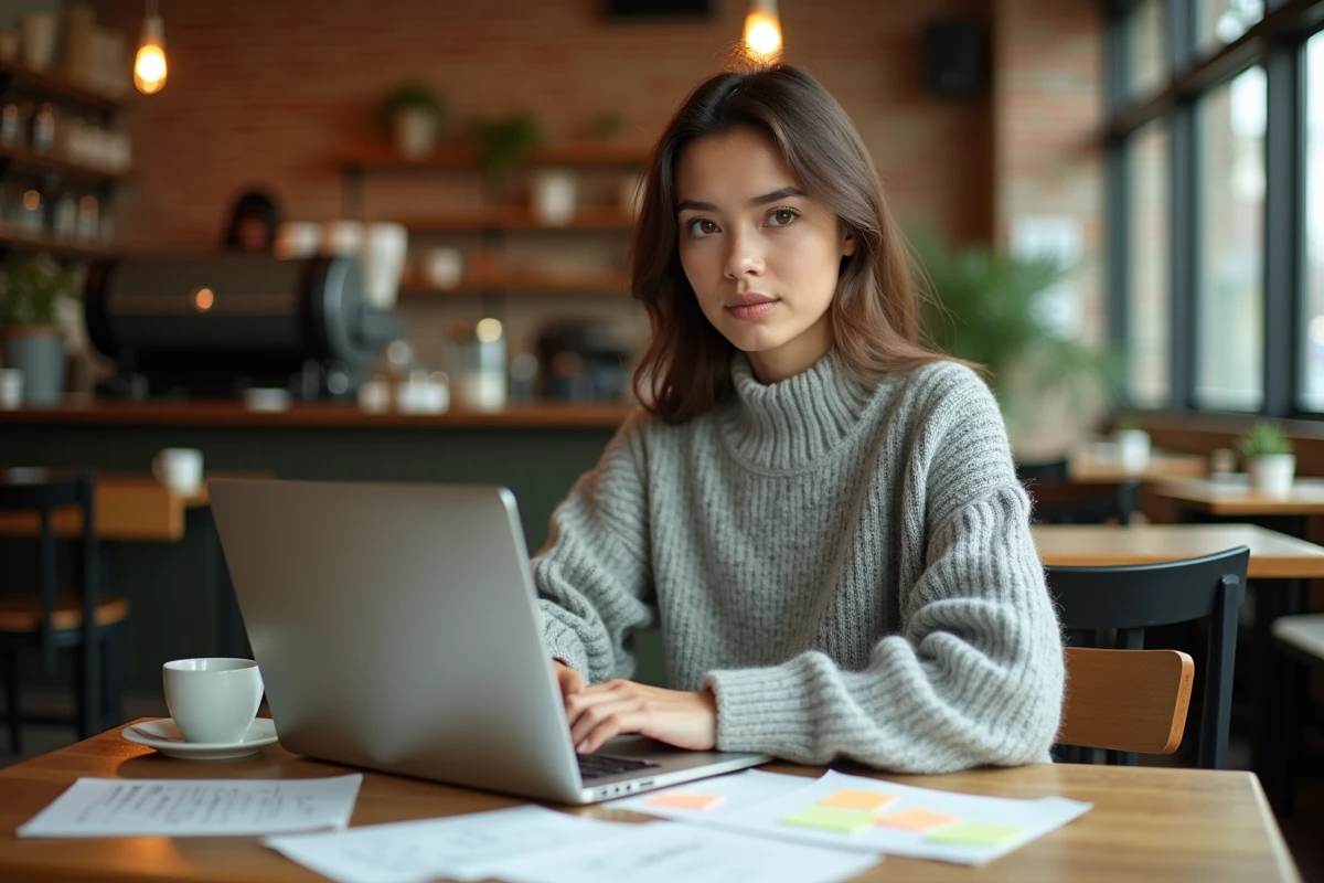 Stratège de contenu étudiant des mots-clés et requêtes SEO inhabituelles entourée de notes dans un café indépendant