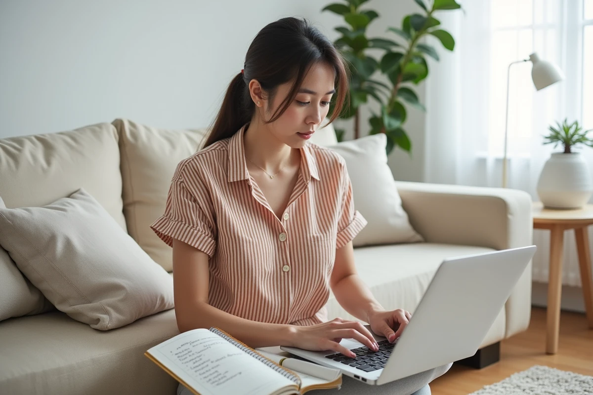 Jeune femme travaillant sur sa stratégie d'affiliation depuis son salon avec un carnet de notes et un ordinateur portable