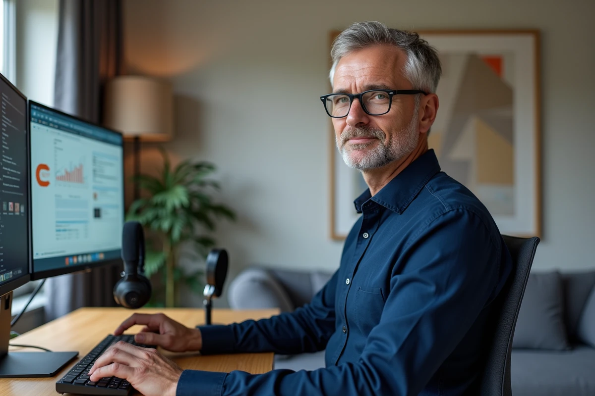 Téléconseiller homme d'âge mûr travaillant depuis son appartement avec un double écran et un microphone USB professionnel
