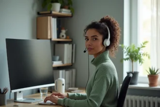 Téléconseillère à domicile portant un casque sans fil, travaillant sur un bureau home office soigné avec un grand écran incurvé
