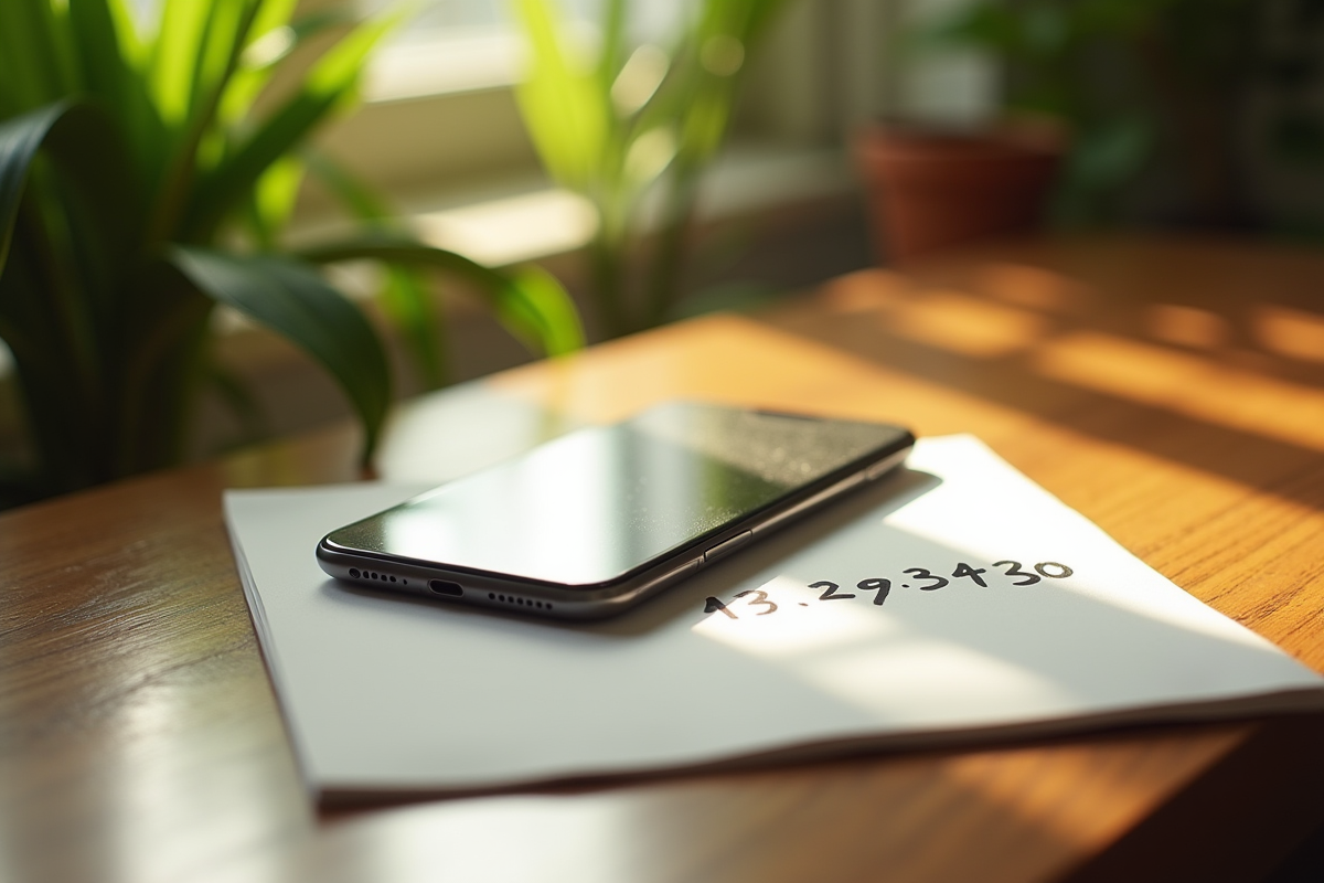 Téléphone sur une table en bois avec note manuscrite et plantes vertes