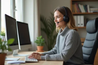 Télésecrétaire à domicile travaillant avec un casque professionnel devant un bureau bien organisé