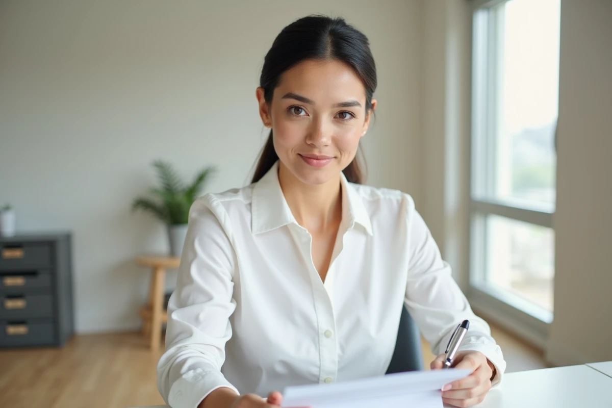 Télésecrétaire indépendante relisant des documents professionnels dans un bureau épuré à domicile