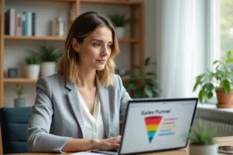 Femme entrepreneur configurant un tunnel de vente automatisé sur systeme.io depuis son bureau à domicile