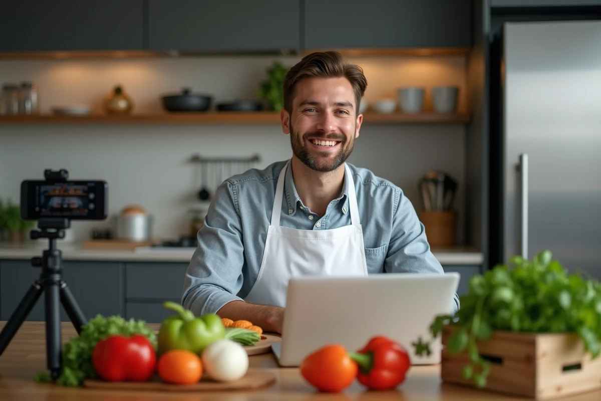 Homme filmant un tutoriel cuisine depuis chez lui avec smartphone sur trépied