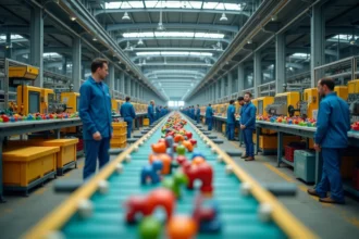 Intérieur d'une usine de fabrication de jouets Playmobil en Allemagne avec chaîne de montage et ouvriers en uniforme