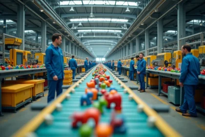 Intérieur d'une usine de fabrication de jouets Playmobil en Allemagne avec chaîne de montage et ouvriers en uniforme