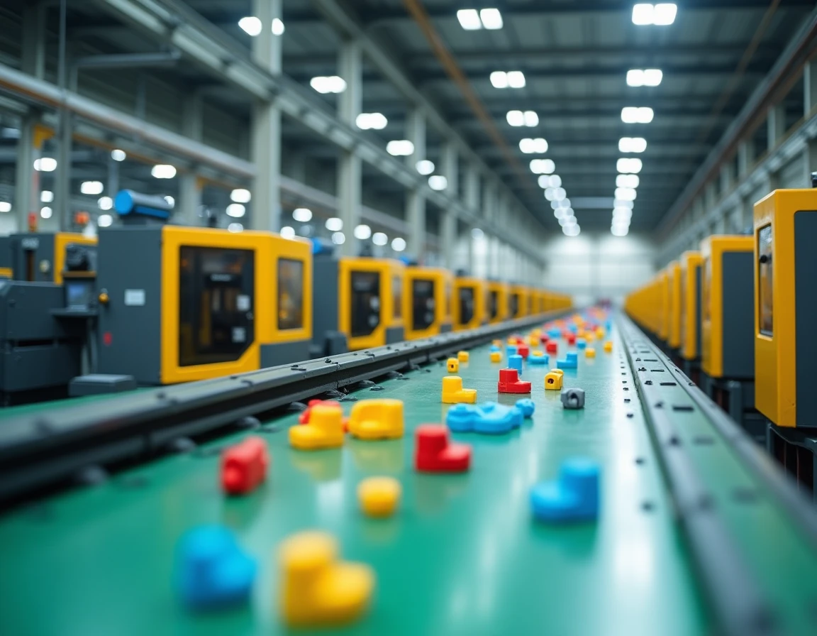 Ligne de production automatisée dans une usine Playmobil avec des machines de moulage par injection et des pièces colorées sur convoyeur