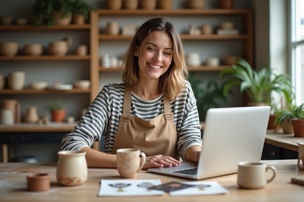 Artisane entourée de produits faits main et d'une boutique en ligne ouverte sur son ordinateur pour vendre ses créations