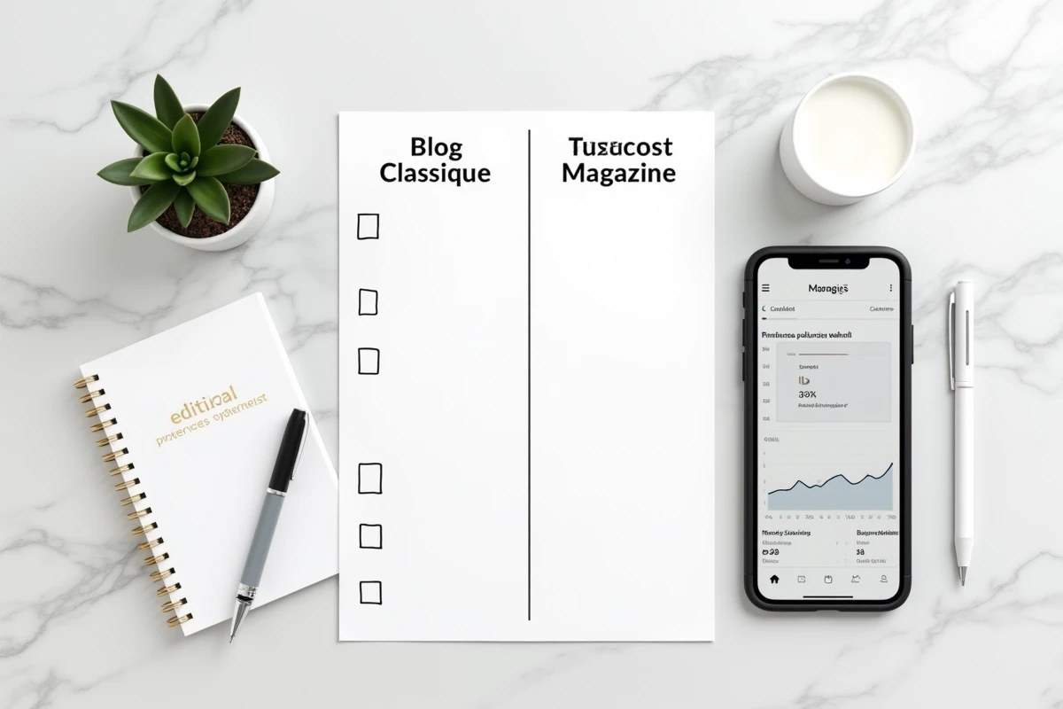 Vue de dessus d'un bureau avec checklist comparative entre blog classique et magazine business en ligne, smartphone et cahier de notes sur fond marbre