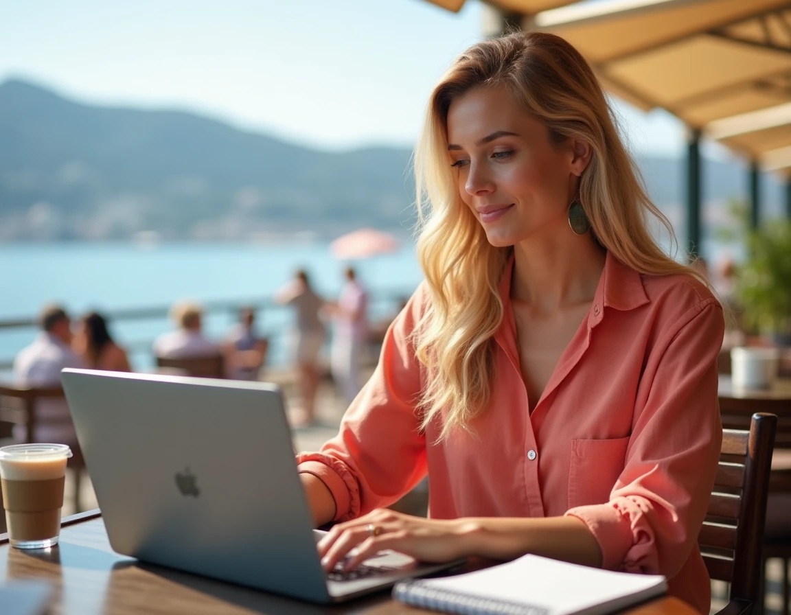 Consultante en marketing digital Web Vibes travaillant sur sa stratégie depuis un café de la Promenade des Anglais à Nice